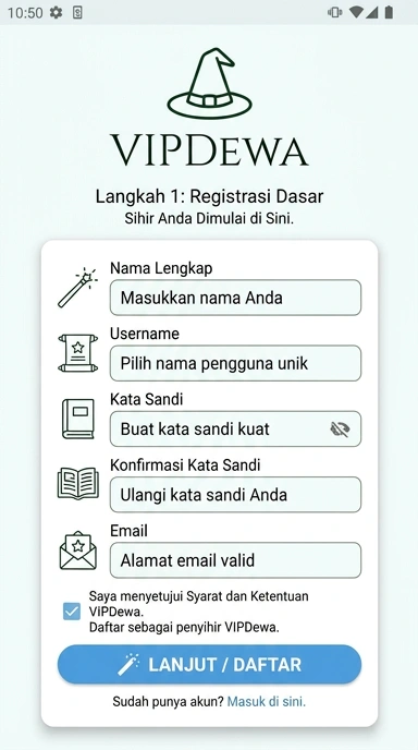Tampilan halaman daftar vipdewa